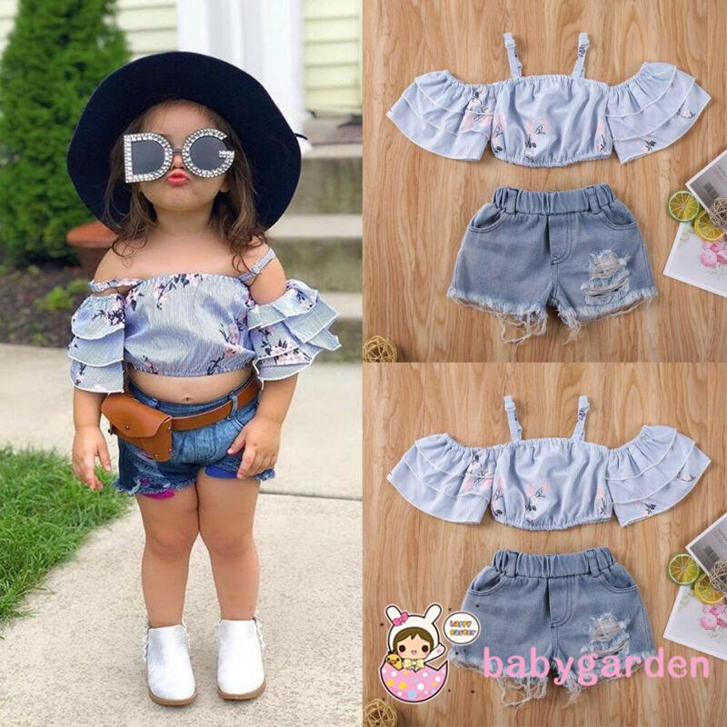 Set Áo Thun Tay Ngắn &amp; Quần Short Denim Cho Bé Gái