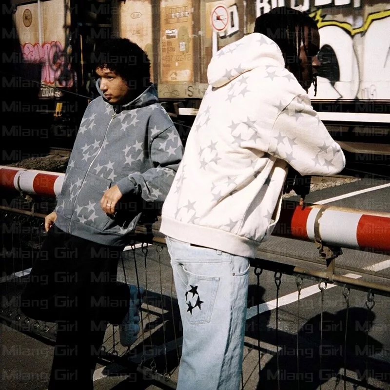 Áo Khoác Hoodie Dáng Rộng Có Khóa Kéo In Chữ Và Ngôi Sao Phong Cách Hip hop Đường Phố Cho Nam Và Nữ