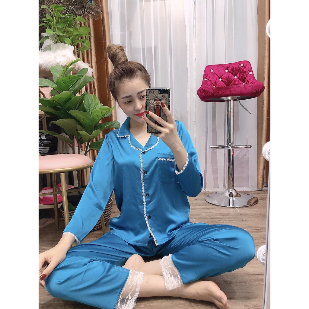 Bộ đồ ngủ, đồ bộ Pijama lụa nữ mặc nhà bộ ngủ lụa satin tay dài quần dài phối ren viền