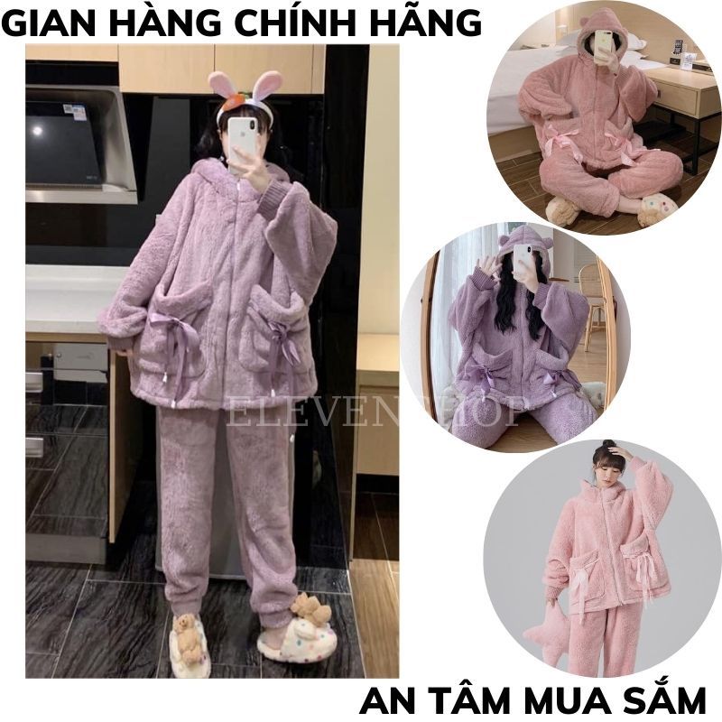 Bộ lông cừu thu đông siêu ấm thắt nơ túi 2 màu hồng tím thời trang Hàn Quốc. Đồ bộ mặc nhà, bộ ngủ nữ.METSHOP