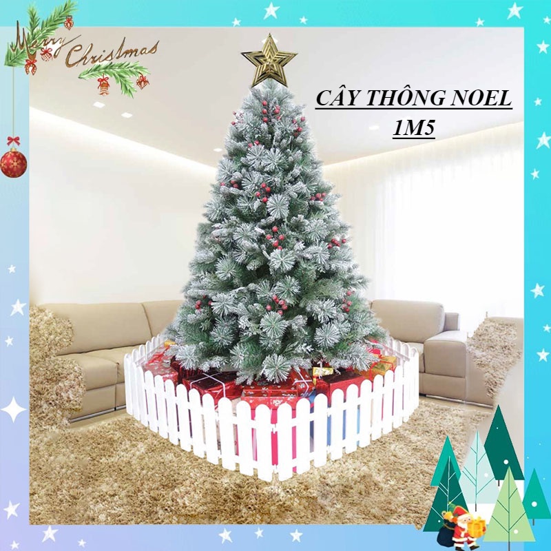 Cây thông noel phủ tuyết 1m5, cây thông noel cước đầu loa 5 loại lá gắn trái đỏ tán lá dày trang trí giáng sinh