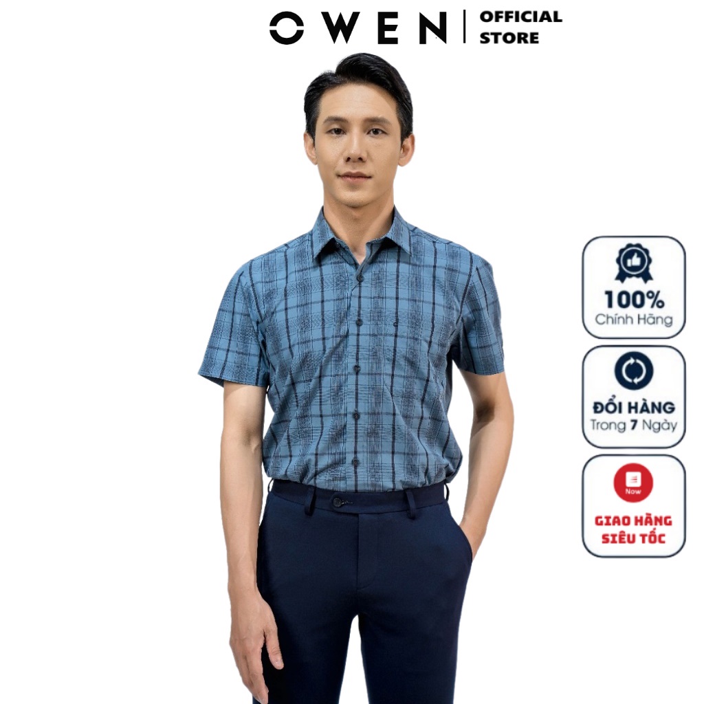 Áo Sơ Mi Nam Ngắn Tay OWEN AR220077NT Somi Công Sở Cao Cấp Màu Kẻ Caro Xanh Đen Vải Sợi Sen Dáng Suông Tà Lượn Có Túi