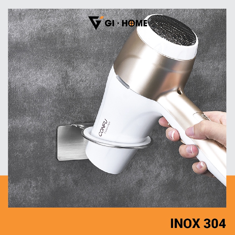 Kệ Treo Máy Sấy Tóc Dán Tường GIHOME Inox 304 Keo Dán 3M Siêu Bền Dính Chắc