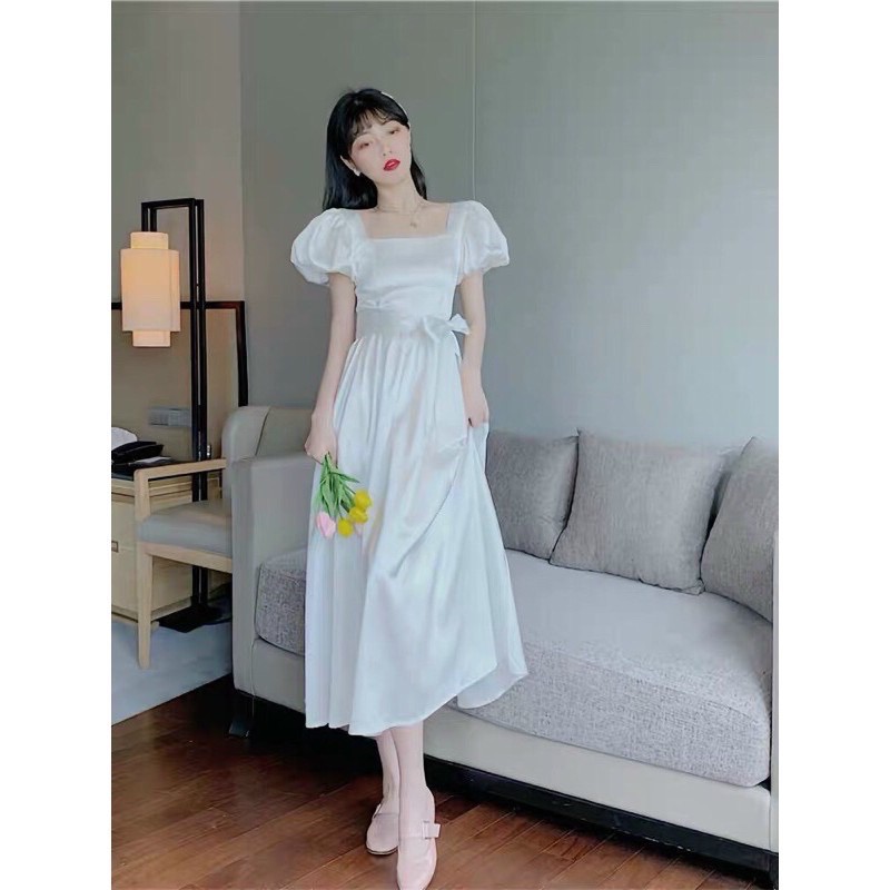 Đầm midi phi lụa trắng nữ tay phồng váy lửng xoè tiểu thư công chúa vintge ulzzang | BigBuy360 - bigbuy360.vn