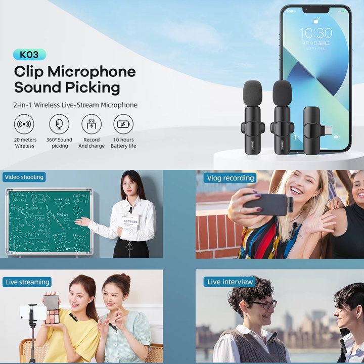 [Mã ELHACE giảm 4% đơn 300K] Bộ 2 Micro không dây hỗ trợ Livestream thiết bị cổng Lightning Remax K03