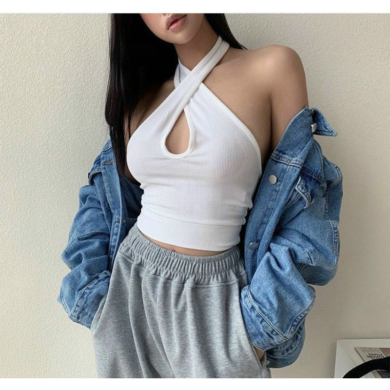 Áo yếm croptop chéo cổ giọt nước sang chảnh