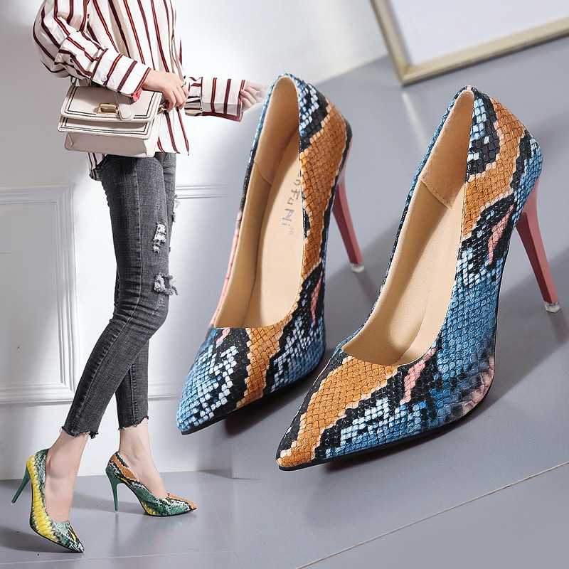Giày cao gót Vân Rắn mũi nhọn 10cm [Oder]