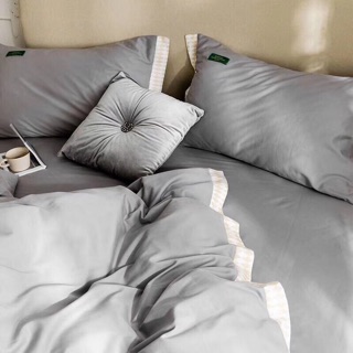 Set Chăn Ga Gối Cotton Lụa 60s Xám Phối Viền