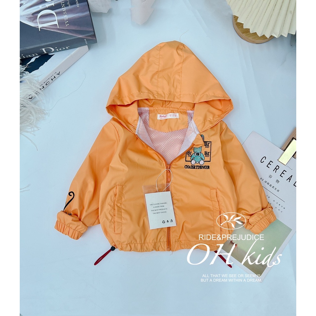 Áo khoác bé gái, bé trai, áo gió 2 lớp họa tiết thỏ thêu BRLO vải chính phẩm siêu đẹp cho bé