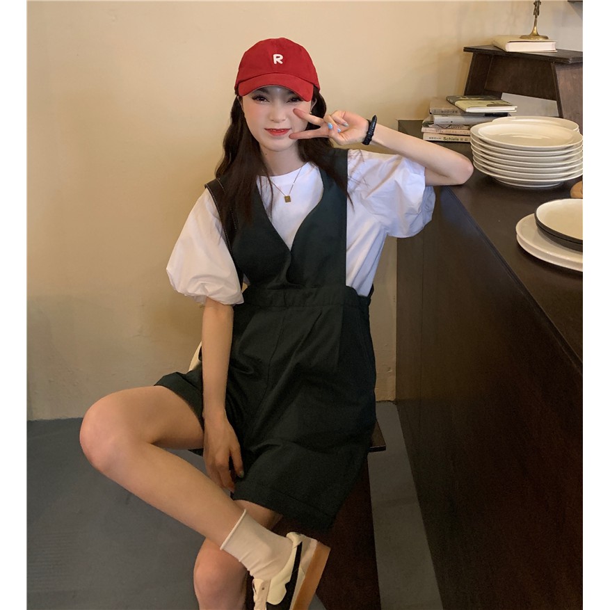 Áo tay phồng / jumpsuit màu trơn phong cách cổ điển dễ phối đồ Xiaozhainv | BigBuy360 - bigbuy360.vn