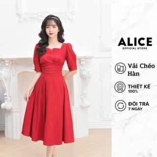 Đầm Thiết Kế Dự Tiệc Sang Trọng ALICE Dáng Dài Xòe Xếp Ly Cổ Vuông Tay Phồng Lỡ Thắt Eo Tôn Dáng V695