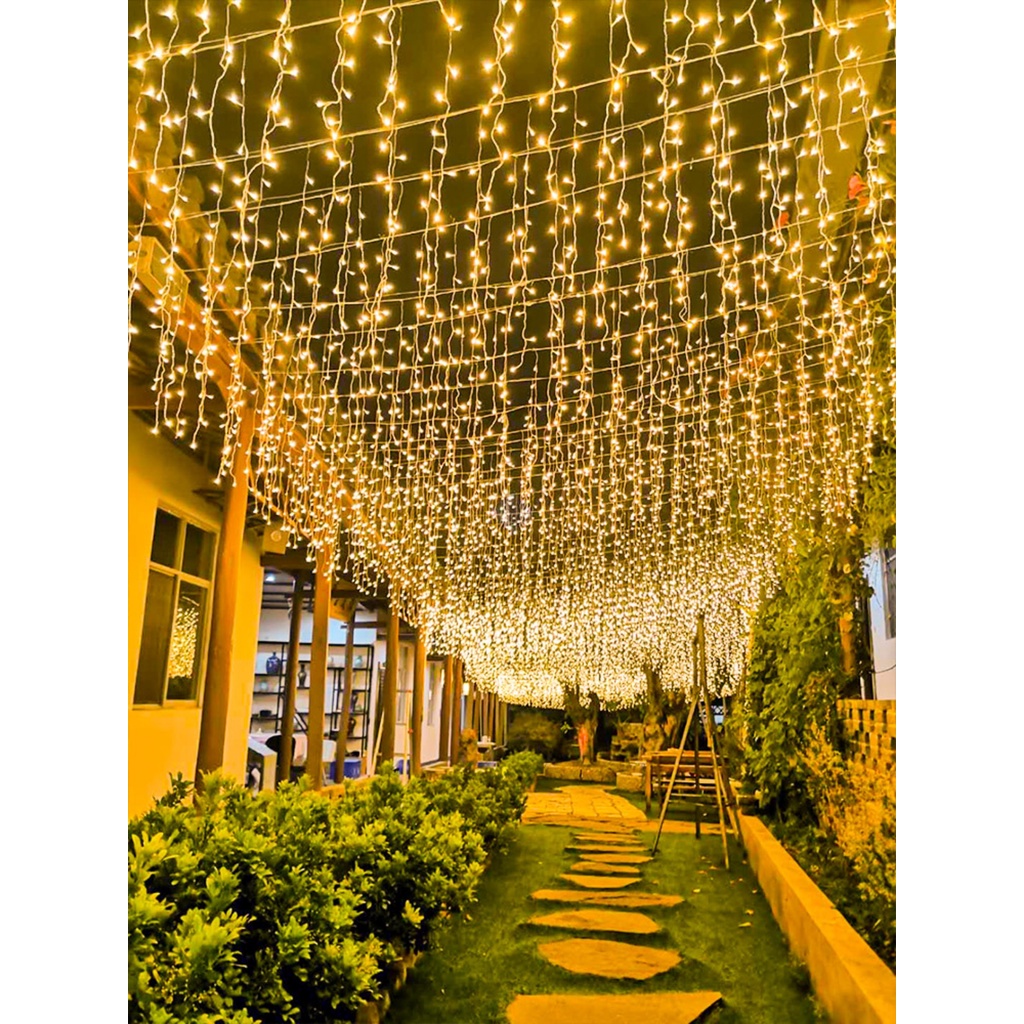 Đèn led rèm treo ngoài trời, dây led thả mành mưa trang trí sân vườn, quán cafe
