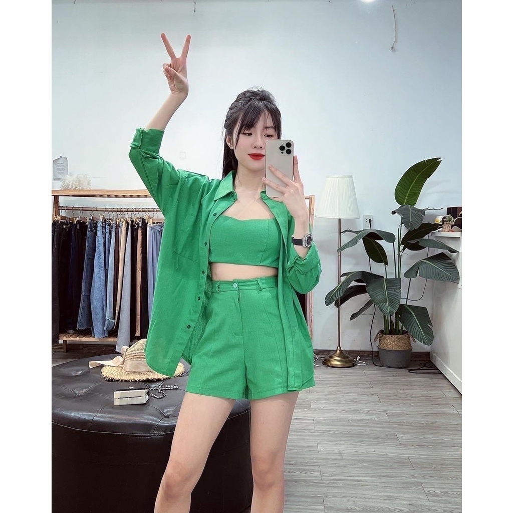Sét 3 món đi biển đi tiệc hồng xanh lá có size S M