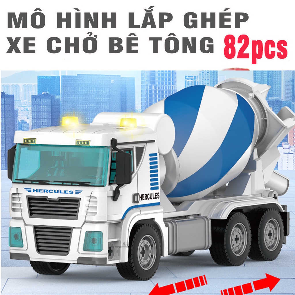 Mô hình xe chở bê tông lắp ghép bằng nhựa cao cấp gồm 82 chi tiết có âm thanh và đèn đồ chơi trẻ em
