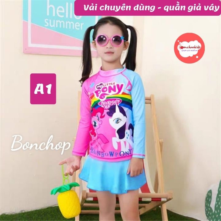 Đồ bơi bé gái tay dài hình Pony từ 10-39kg -quần giả váy tạo kín đáo- Tomchuakids