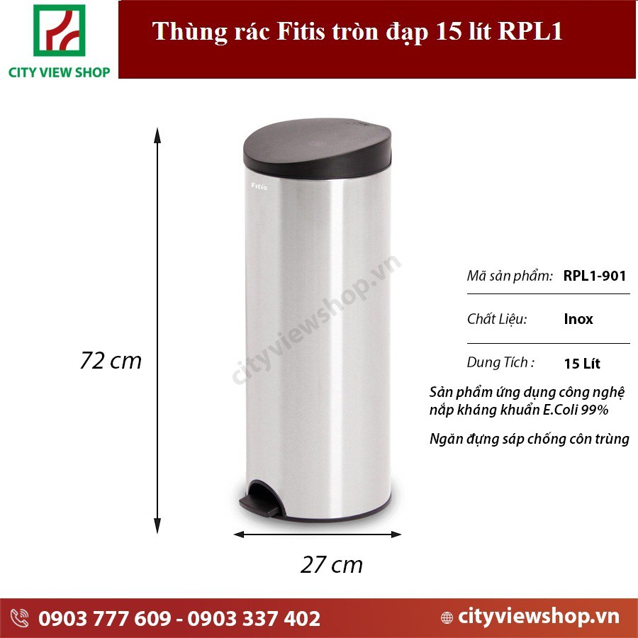 Thùng rác Fitis tròn đạp cao 15 lít RPL1