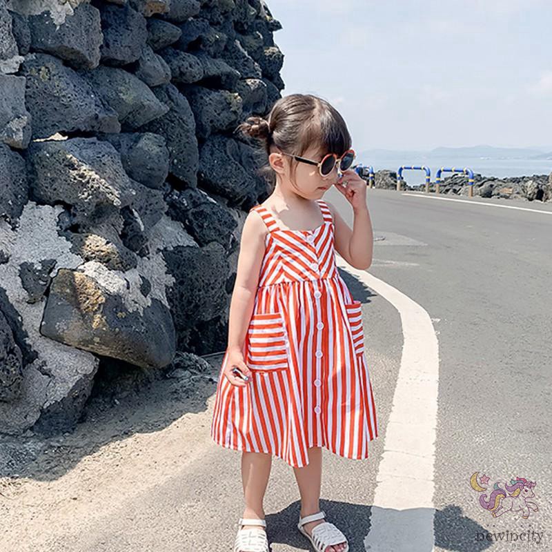 Đầm sát nách hoạ tiết kẻ sọc phong cách Hàn Quốc cho bé
