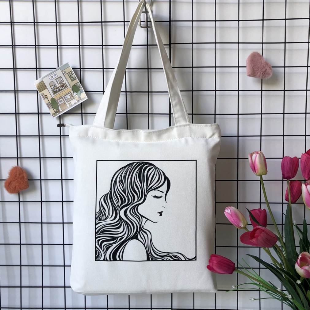 Túi tote vải canvas có khoá kéo miệng túi in hình cô gái tóc xoăn mới nhất