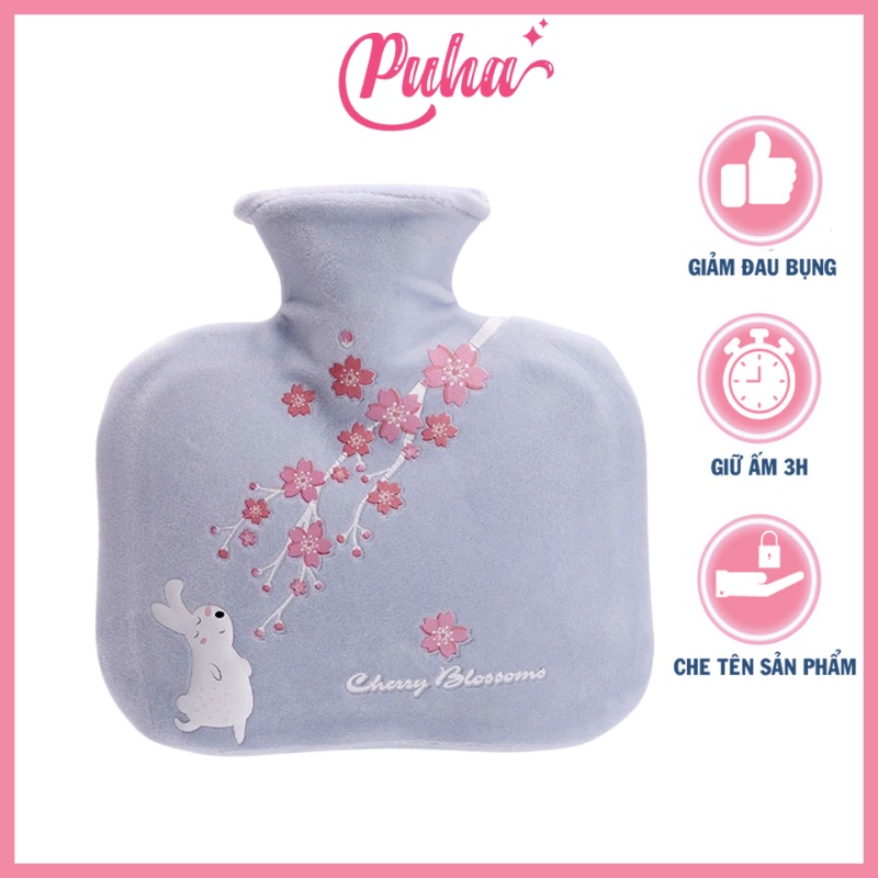 Túi chườm nước nóng PUHA 500ml, túi chườm nóng đau bụng kinh cho nữ, Thỏ Cherry Blue