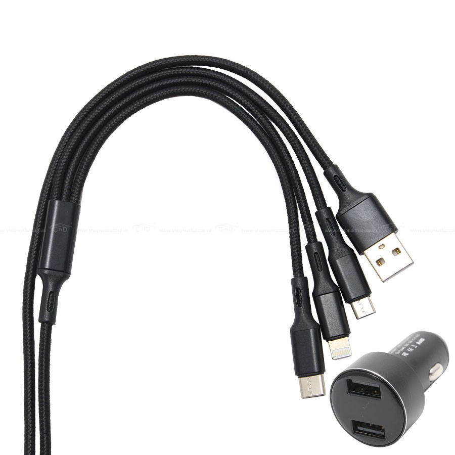 Bộ Sạc Điện Thoại 2 Cổng USB Và Cáp Sạc 3 Đầu Lightning/Micro USB/Type C CIND C74 Màu Đỏ - Nhập Khẩu Chính Hãng