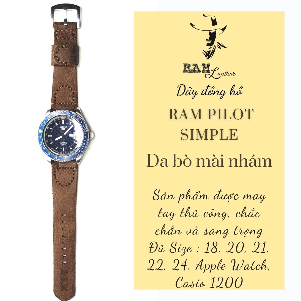 Dây đồng hồ RAM Leather vintage pilot simple mài nhám da bò thật vintage cao cấp