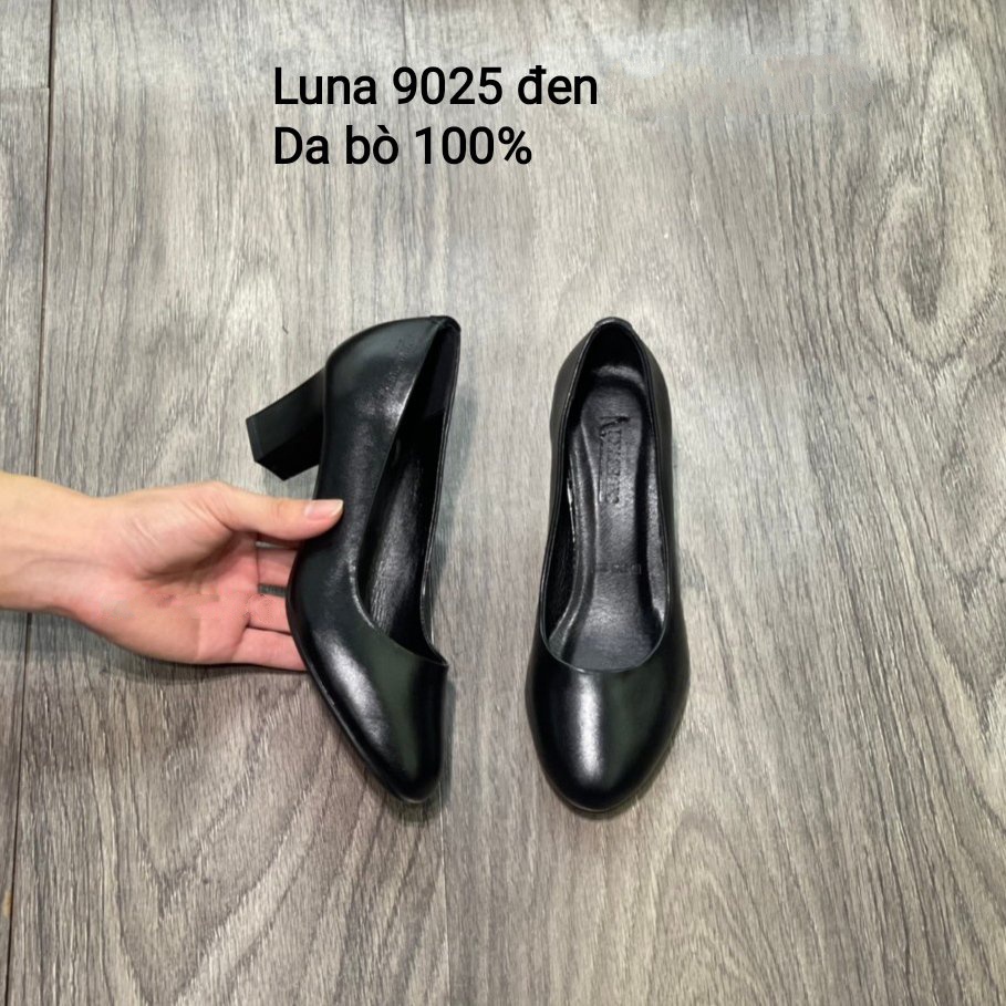 Giày cao gót da bò thật nữ cao 5p LUNASHOES 9025 giầy cho mẹ mềm êm chân guốc màu đen nâu trắng bảo hành 2 năm