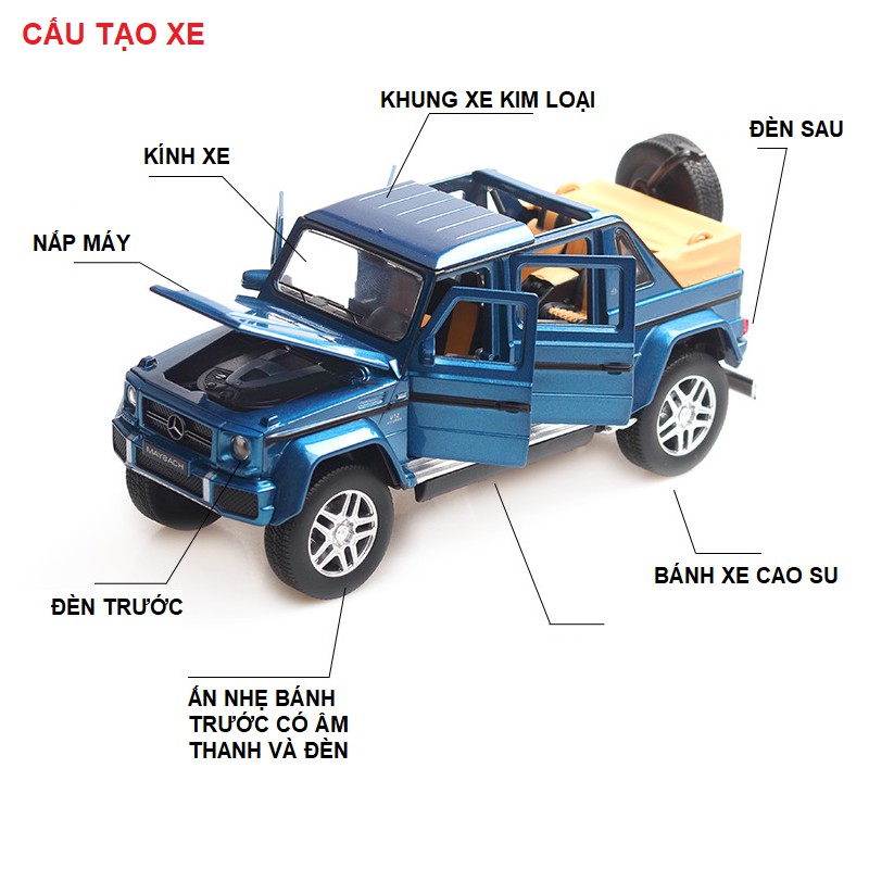 Xe mô hình ô tô Mercerdes Maybach G650 tỉ lệ 1:32 bằng sắt có âm thanh và đèn chạy cót mở các cửa