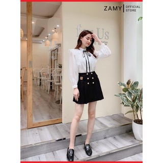 Áo sơ mi thiết kế bèo thắt nơ đen phong cách Hàn Quốc