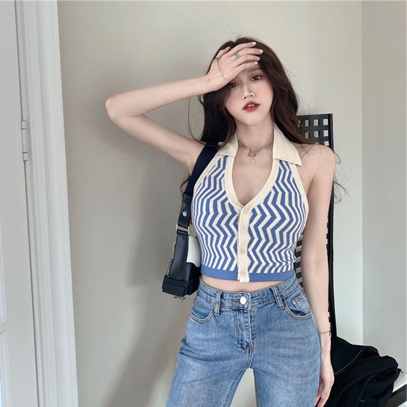 Áo dệt kim không tay họa tiết sọc phong cách retro Hàn Quốc