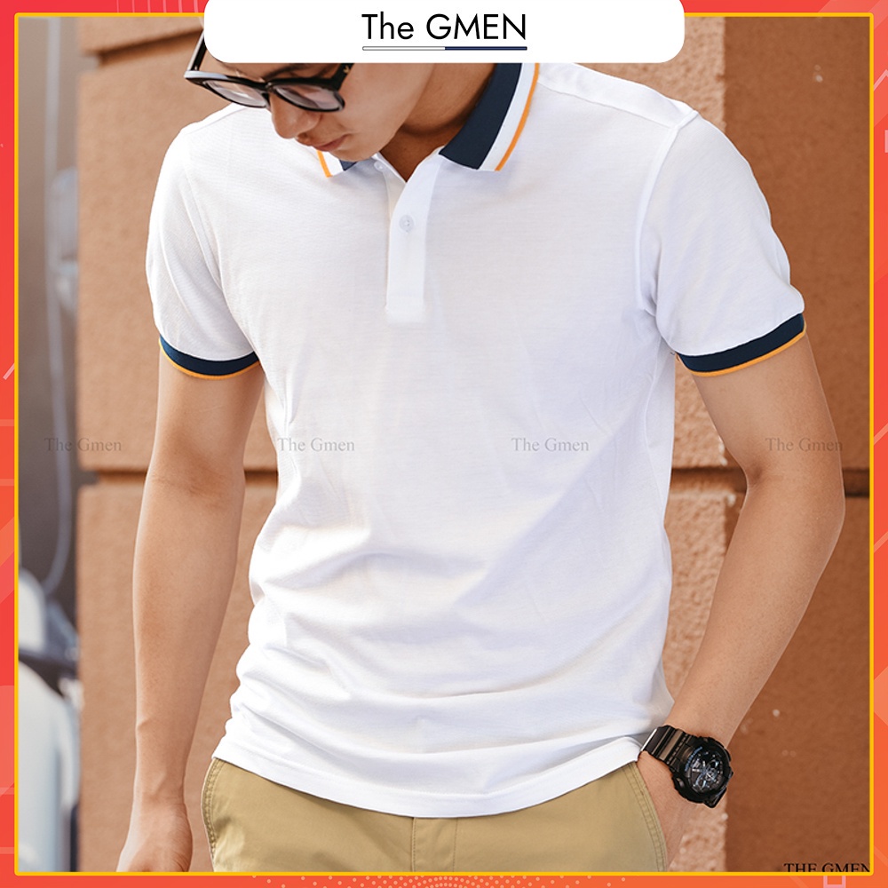 Áo Polo nam THE GMEN Pique Polo Shirt họa tiết kẻ viền cổ, co giãn, thấm hút mồ hôi