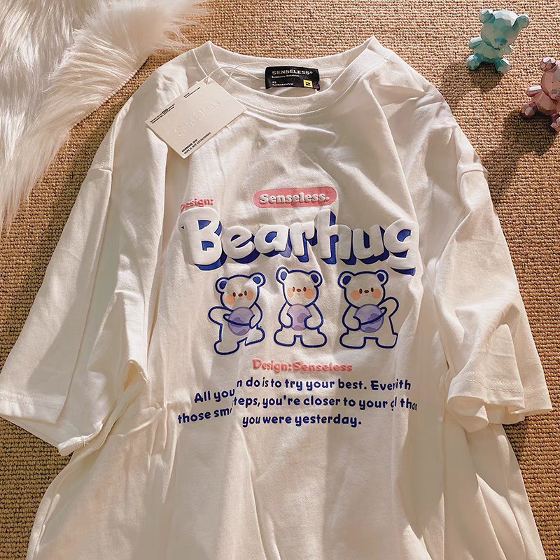 Áo thun cotton tay lỡ dáng rộng unisex _ bear hug