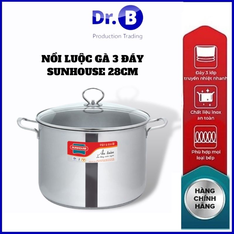 Nồi luộc gà SUNHOUSE 28cm 3 đáy GIadungDrB Nồi inox vung kính cao cấp dùng được mọi loại bếp- GiadungDrb