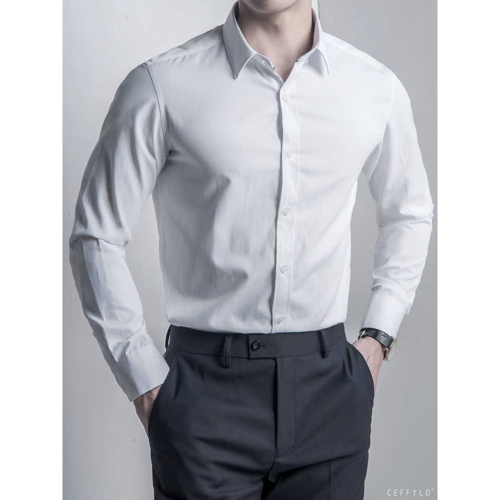 Áo Sơ Mi Nam Vân Chìm Họa Tiết Kẻ Chéo Trắng CEFFYLO, vải cotton mềm mịn chống nhăn | BigBuy360 - bigbuy360.vn