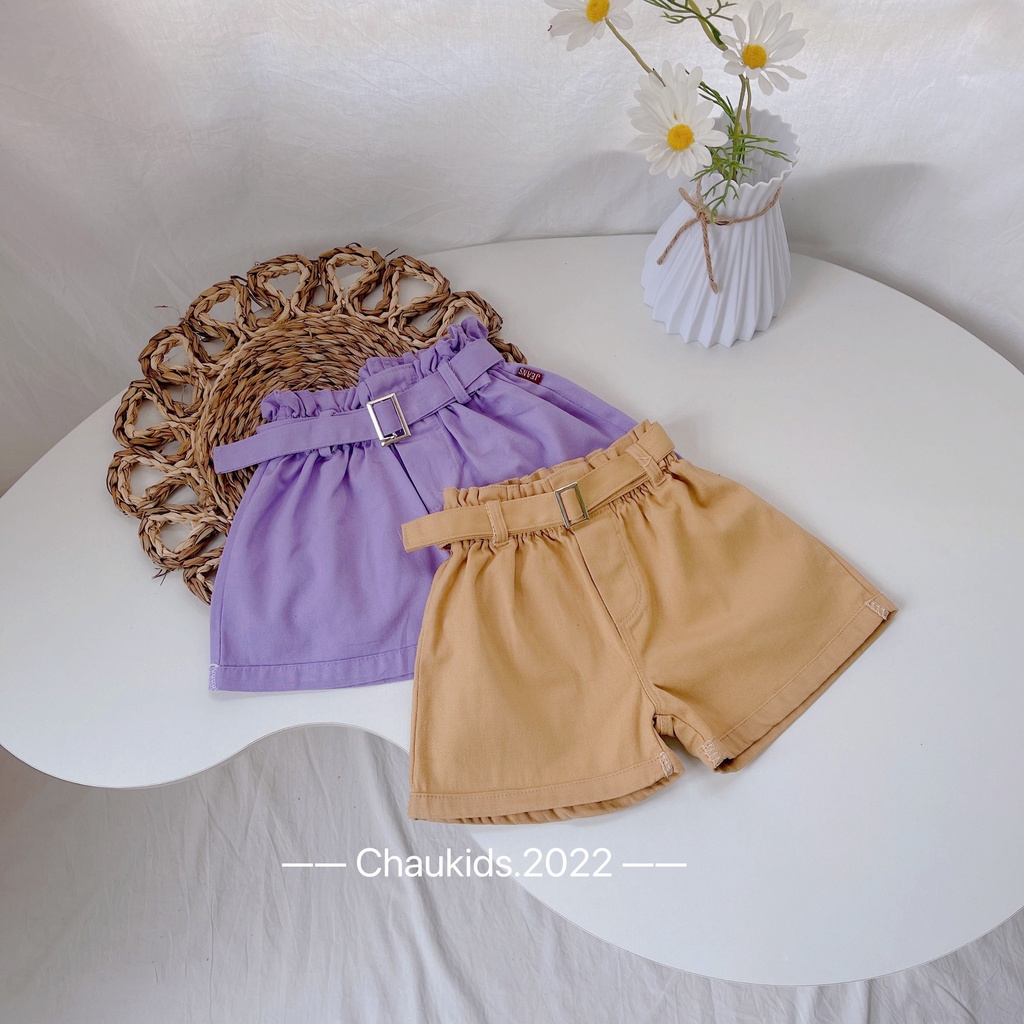 Quần đùi bé gái, quần đùi kaki cạp cao kèm đai cho bé size 13- 26kg