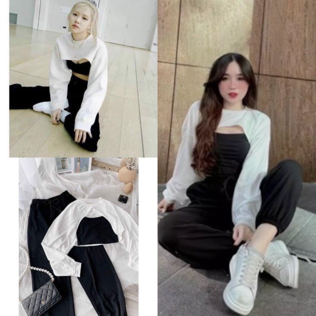 Sét áo croptop khoét ngực rose kèm áo 2 dây chất thun co dãn kiểu dáng hàn quốc, AMELIA