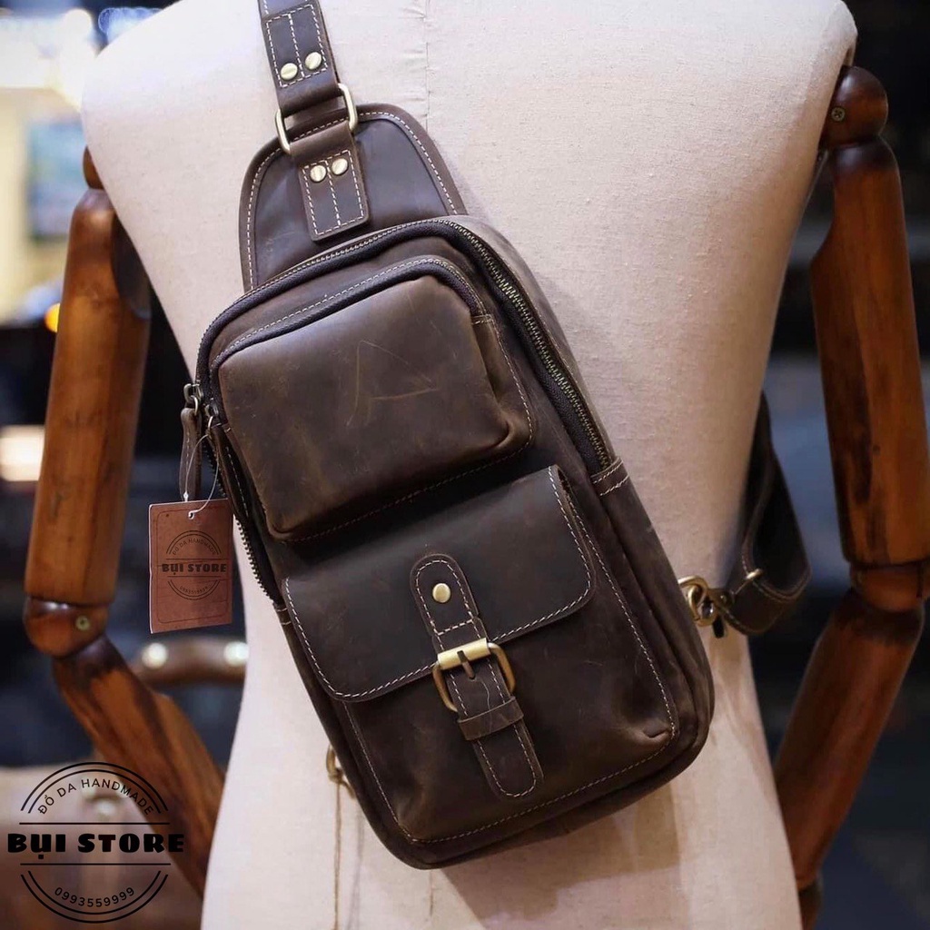 Túi đeo chéo trước ngực , Túi nam da thật 100% da bò sáp Handmade khâu tay thủ công BH 3 năm