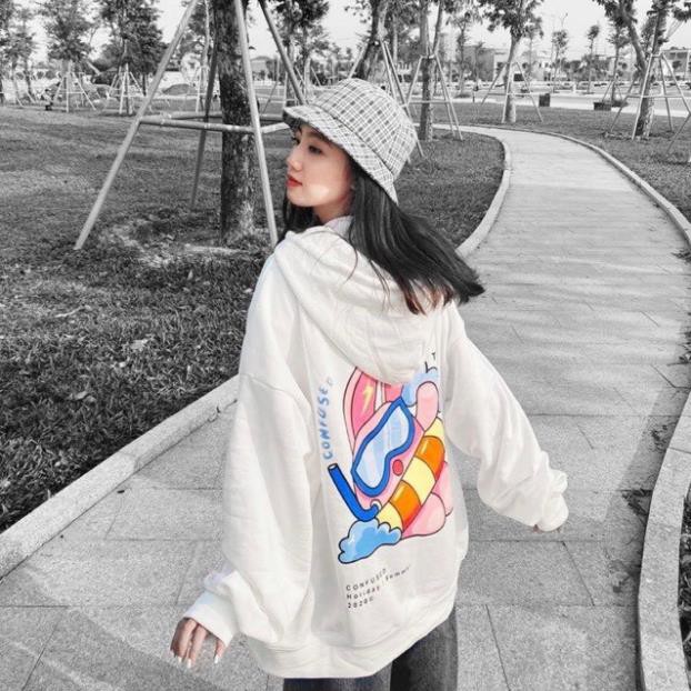 Áo khoác hoodie in hình CONFUSED dành cho nam nữ có mũ form rộng nỉ ngoại màu trắng unisex ulzzang Kèm Ảnh Thật