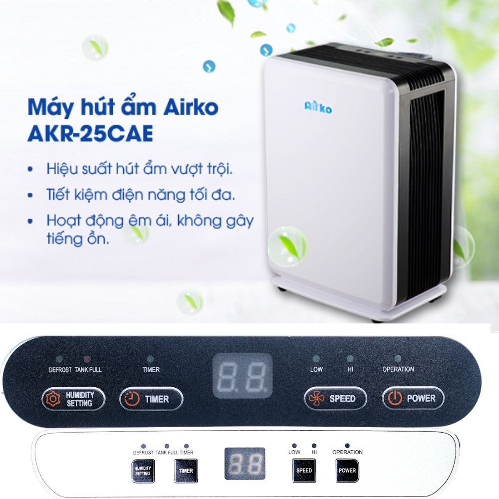 Máy hút ẩm lọc không khí Airko AKR-25CAE, diện tích dùng 40-50m2, công suất 15 lít/ngày bảo hành chính hãng 12 tháng