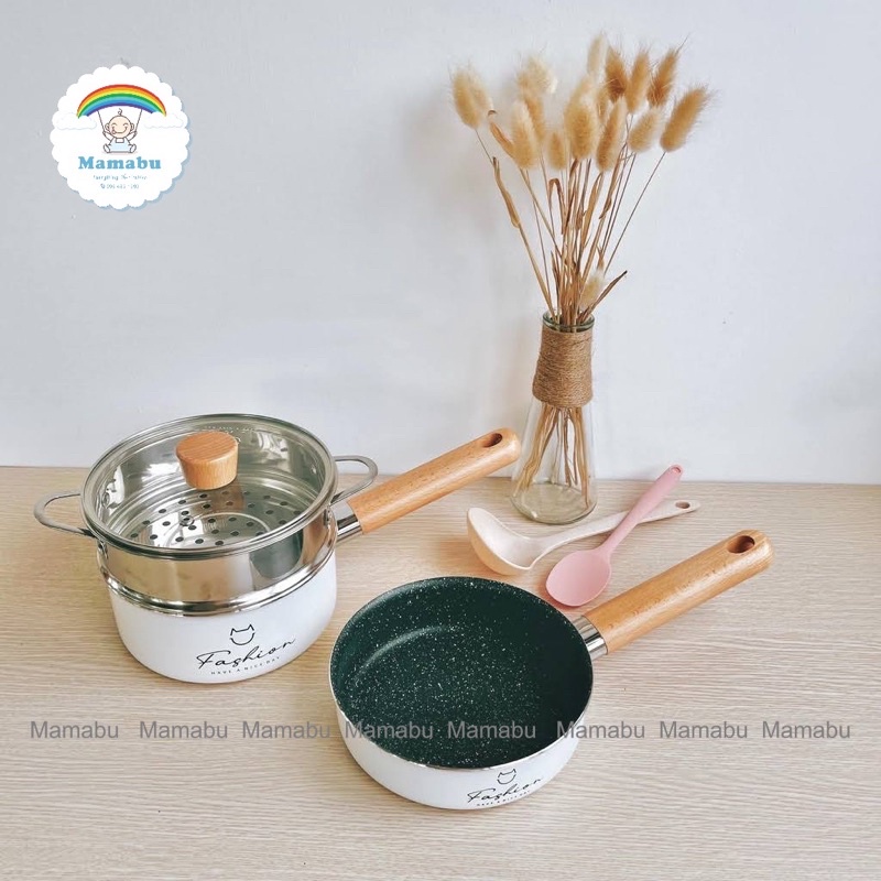 ( Bảo Hành 1 Năm ) Bộ Nồi Chảo Quánh Cháo Fashion Kèm Xửng Hấp Cao Cấp Xuất Hàn Chế Biến Đồ Ăn Dặm Cho Bé Mamabu