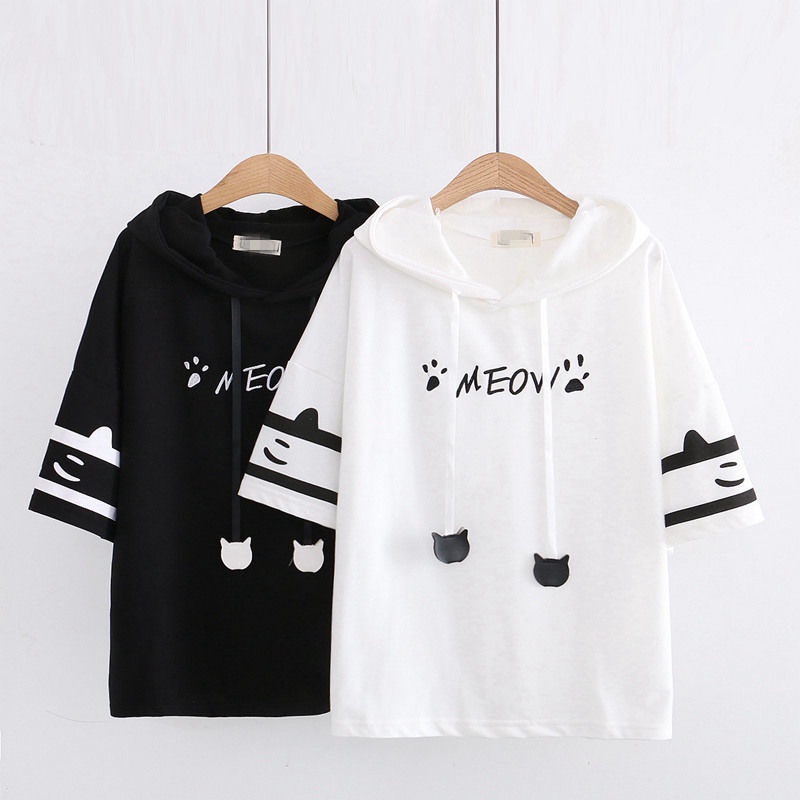 Áo Hoodie Thêu Hình Chân Mèo Phong Cách Harajuku Nhật Bản Thời Trang Mùa Hè Cho Nữ
