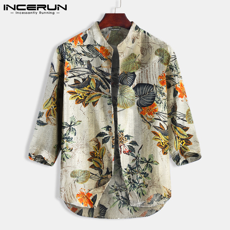 INCERUN Mens Casual Pure Cotton Loose Floral Half Sleeve Shirts Button Up Tops