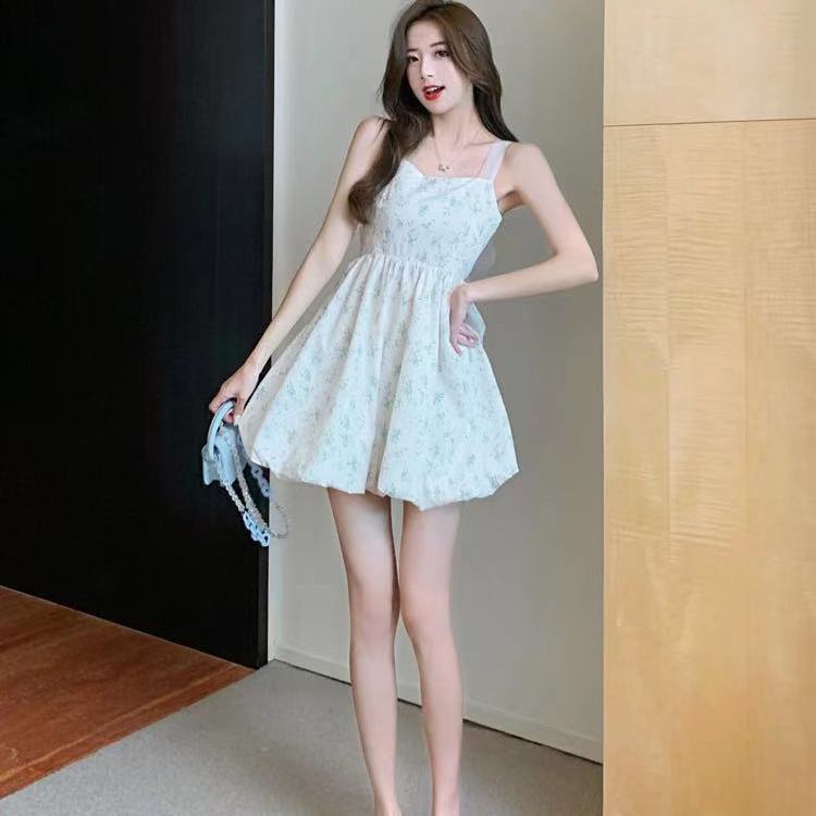 Đầm Hai Dây Họa Tiết Hoa Thắt Nơ Phong Cách Pháp Ngọt Ngào Cho Nữ