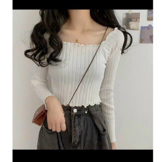 Áo Croptop Thun Gân Cổ Vuông Tay Dài Đen Trắng DRACR93