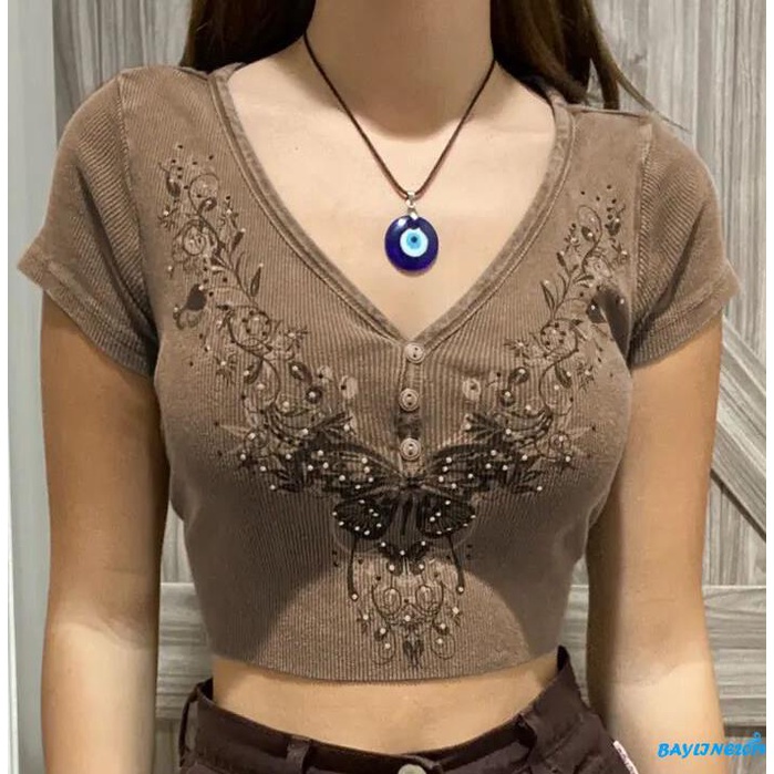 Áo thun dệt kim cổ chữ V in hình bướm dễ thương phong cách cổ điển thời trang mùa hè cho nữ BAY-Y2K