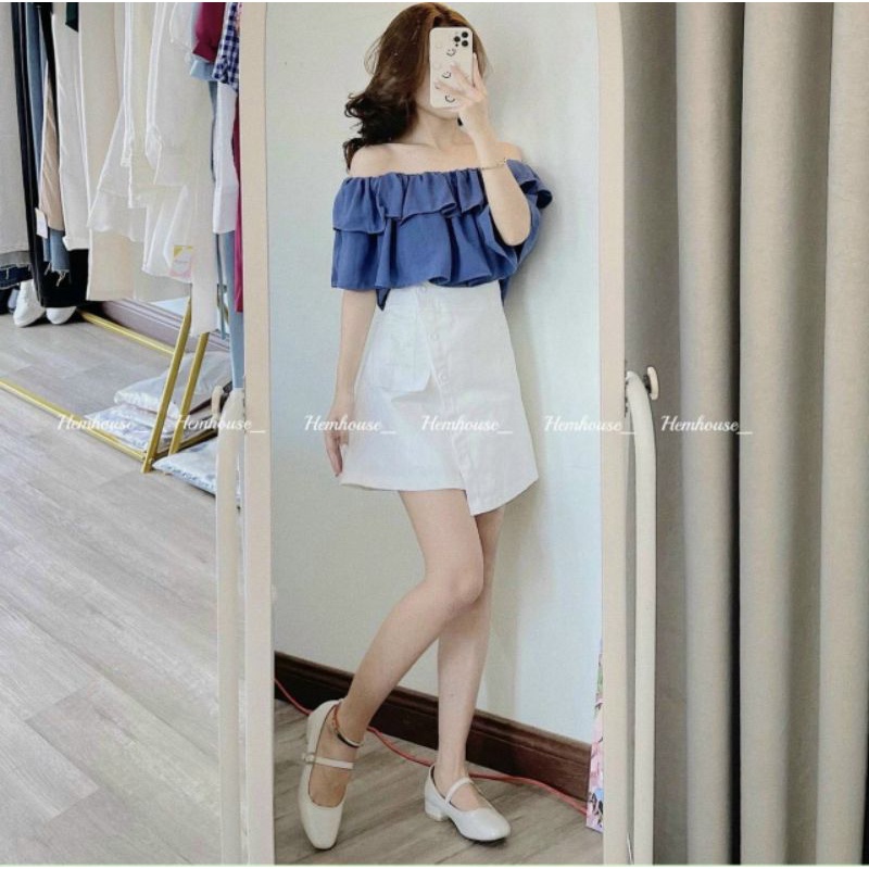 SET ÁO XANH BẸT BÈO + CHÂN VÁY TRẮNG ĐẮP PHỐI NÚT