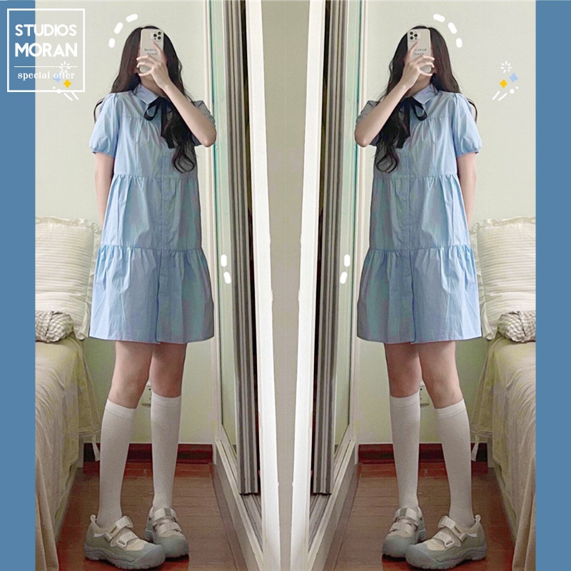 Váy sơ mi babydoll dập viền cổ bẻ thắt nơ màu xanh MORAN style đáng yêu Hàn Quốc