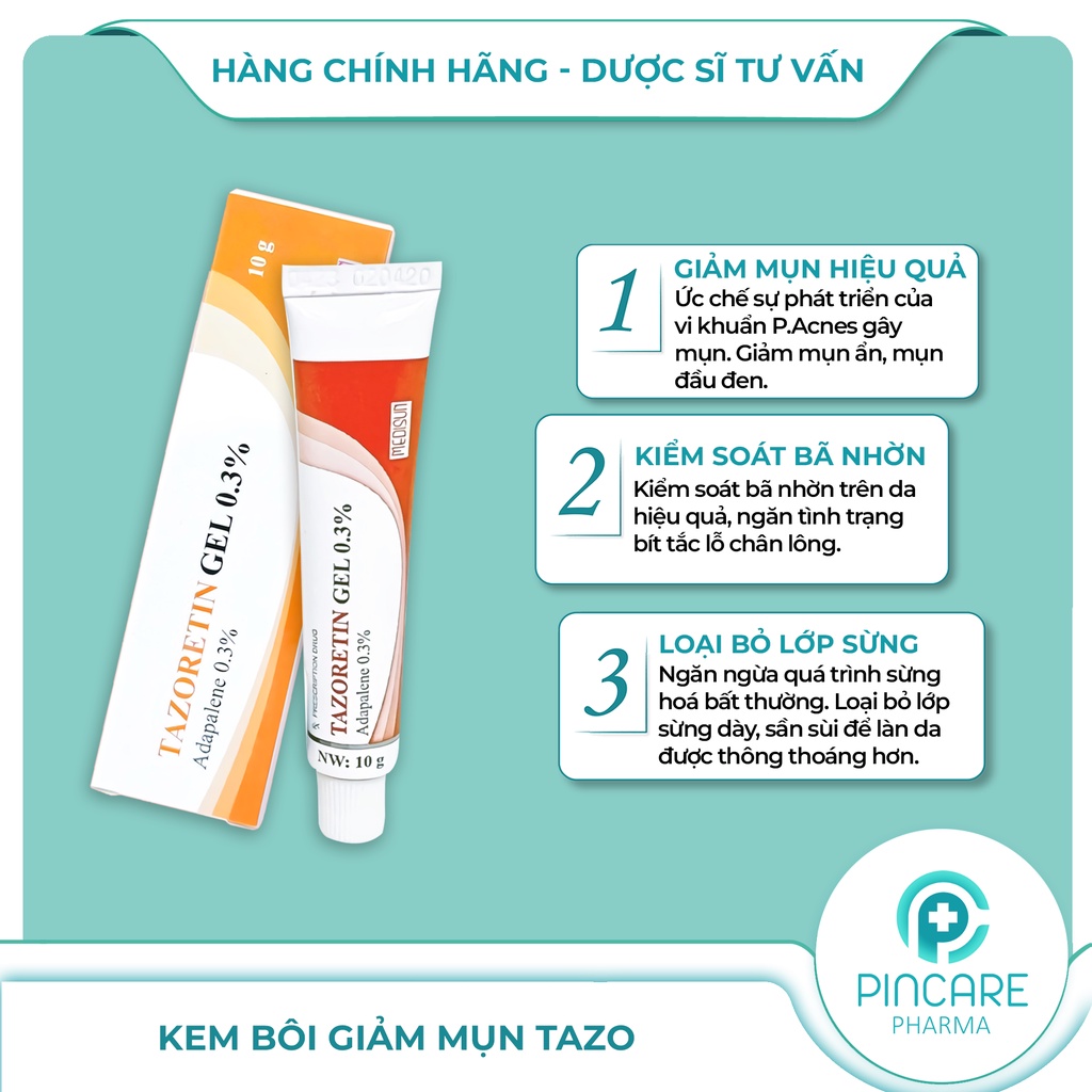 Gel chấm mụn Tazo 0.3% 10g giảm mụn ẩn, mụn đầu đen, mụn trứng cá - Hàng chính hãng - Nhà thuốc Pincare