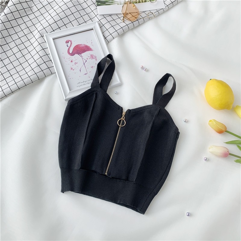 Áo Croptop dệt kim không tay phối khóa kéo | BigBuy360 - bigbuy360.vn