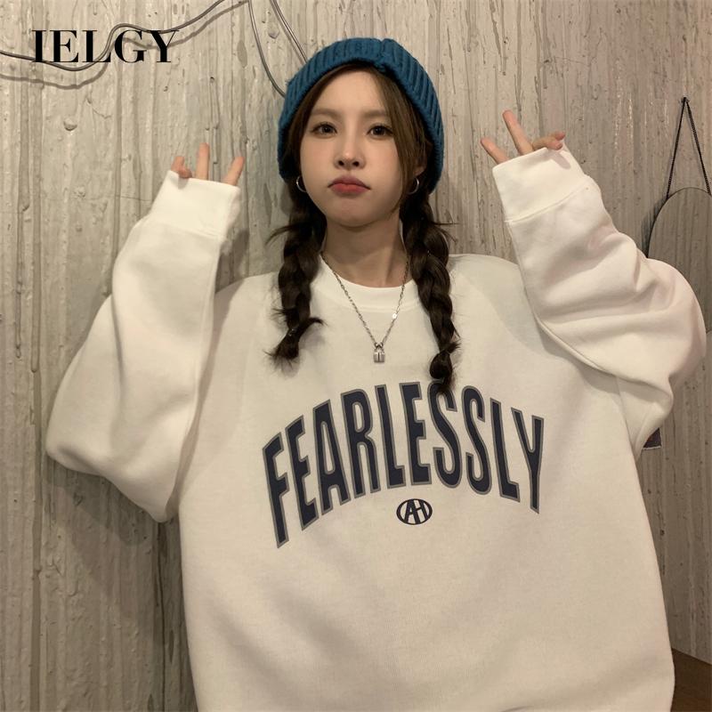Áo sweater IELGY dáng rộng cổ tròn in chữ phong cách retro thời trang cho nữ