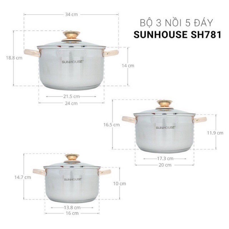 Bộ Nồi 5 Đáy inox Cao Cấp Sunhouse SH781 dùng cho mọi loại bếp và bếp từ